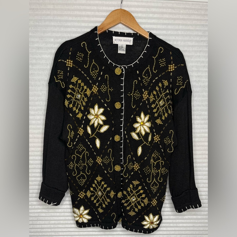 Vintage Victoria Harbour Cardigan Knit Beaded Sweater  Black Gold Y2K L